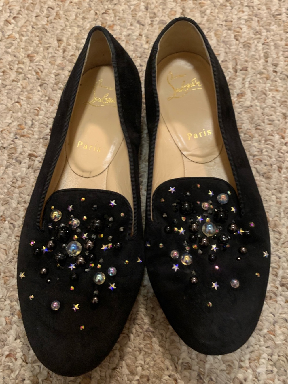 Christian Louboutin Black Suede Embellished Loafers women’s 37.5 - Picture 3 of 5
